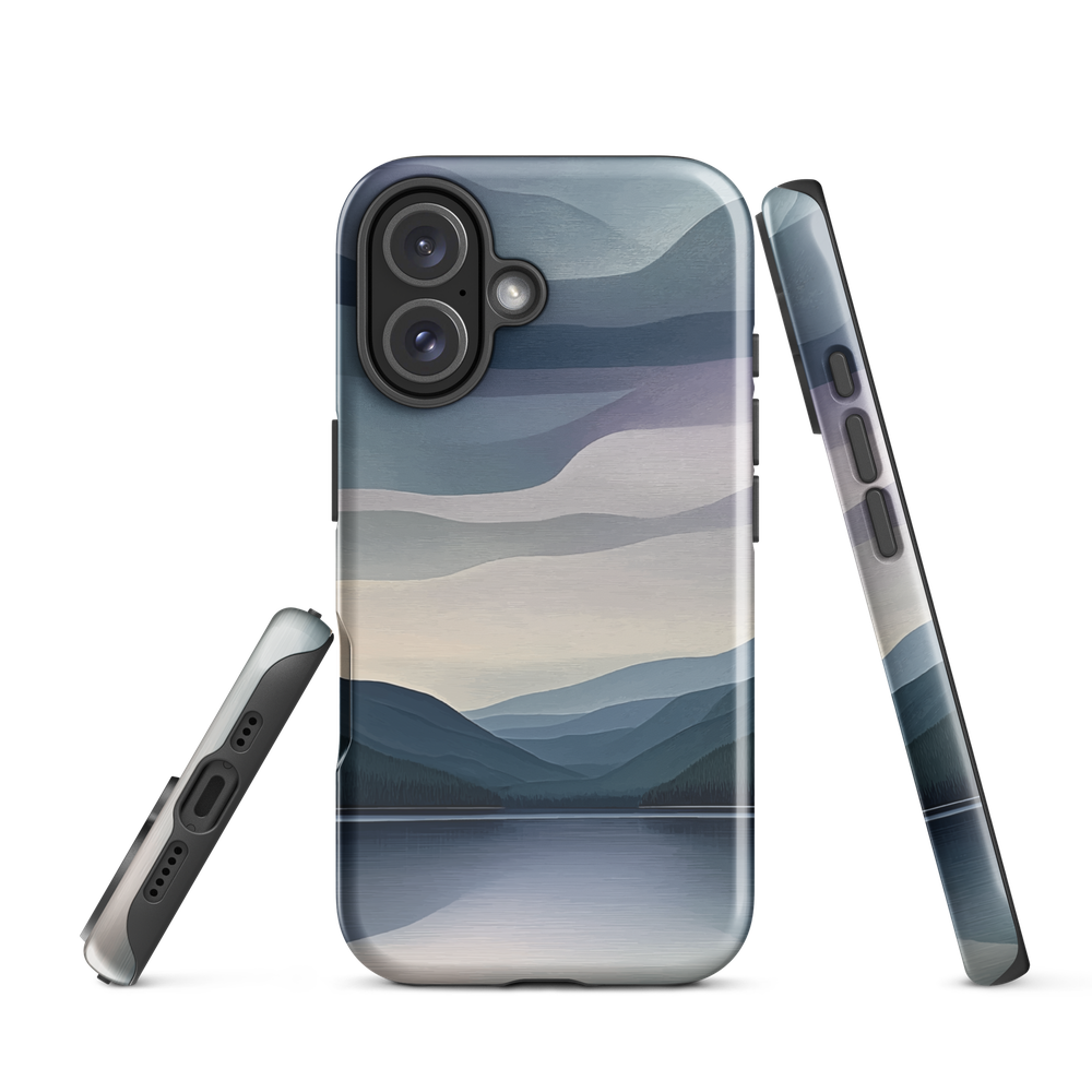 Phone case with moody blue and purple layered mountain and lake landscape artwork