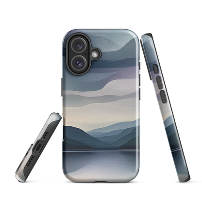 Phone case with moody blue and purple layered mountain and lake landscape artwork