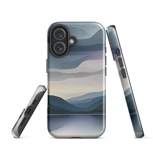 Phone case with moody blue and purple layered mountain and lake landscape artwork