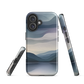 Phone case with moody blue and purple layered mountain and lake landscape artwork