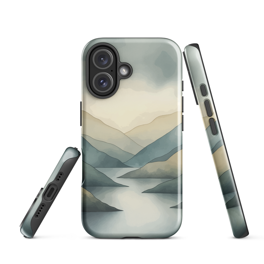 Phone case with soft mountain and valley design in misty green, blue, and golden tones