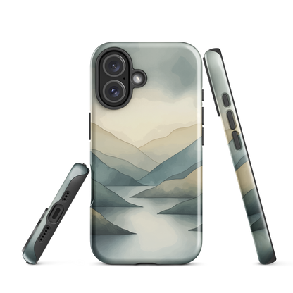 Phone case with soft mountain and valley design in misty green, blue, and golden tones