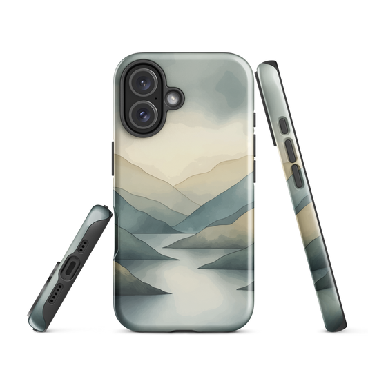 Phone case with soft mountain and valley design in misty green, blue, and golden tones