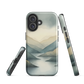 Phone case with soft mountain and valley design in misty green, blue, and golden tones