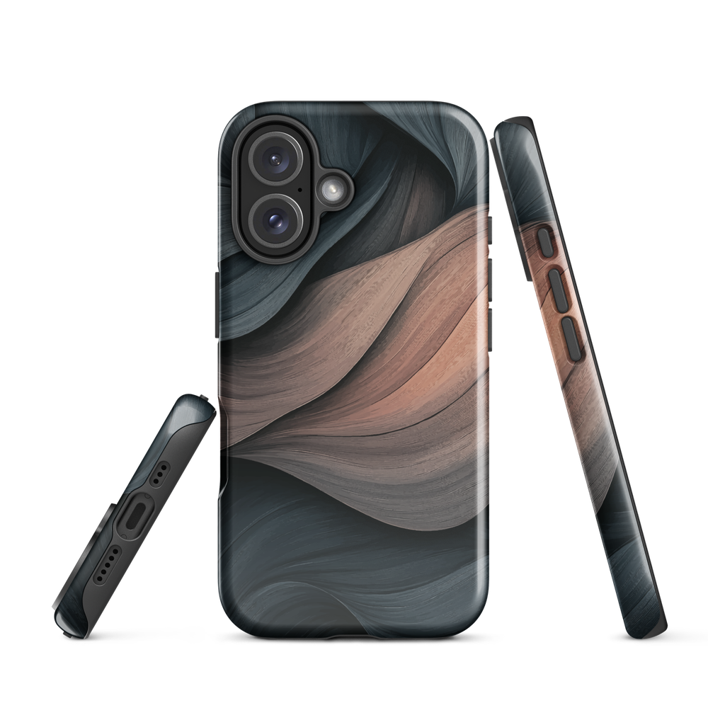 Phone case with flowing abstract design in black, copper and charcoal tones, inspired by dusk shadows