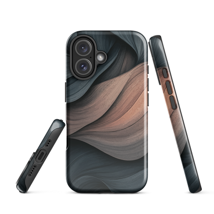 Phone case with flowing abstract design in black, copper and charcoal tones, inspired by dusk shadows