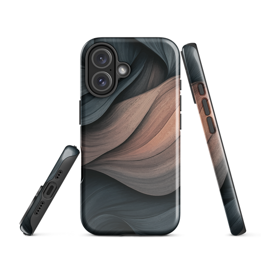 Phone case with flowing abstract design in black, copper and charcoal tones, inspired by dusk shadows
