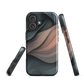 Phone case with flowing abstract design in black, copper and charcoal tones, inspired by dusk shadows