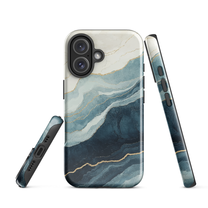 An elegant abstract phone case inspired by layered coastal forms in blue and teal tones.