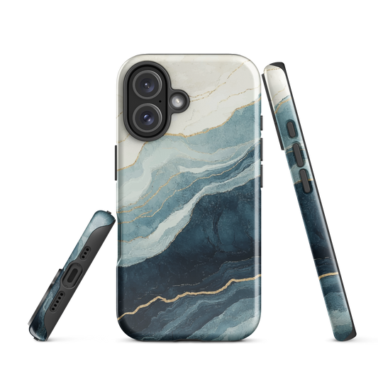 An elegant abstract phone case inspired by layered coastal forms in blue and teal tones.