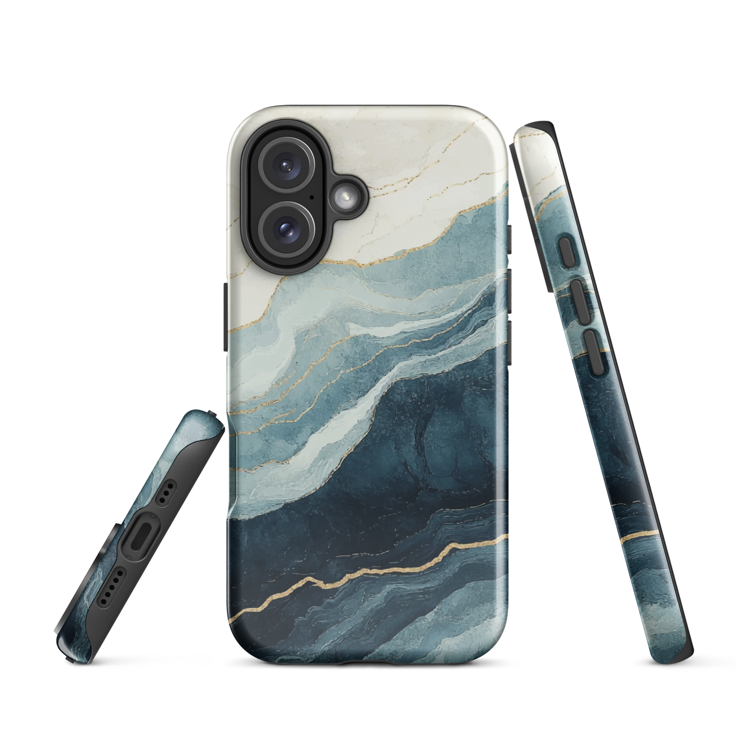 An elegant abstract phone case inspired by layered coastal forms in blue and teal tones.