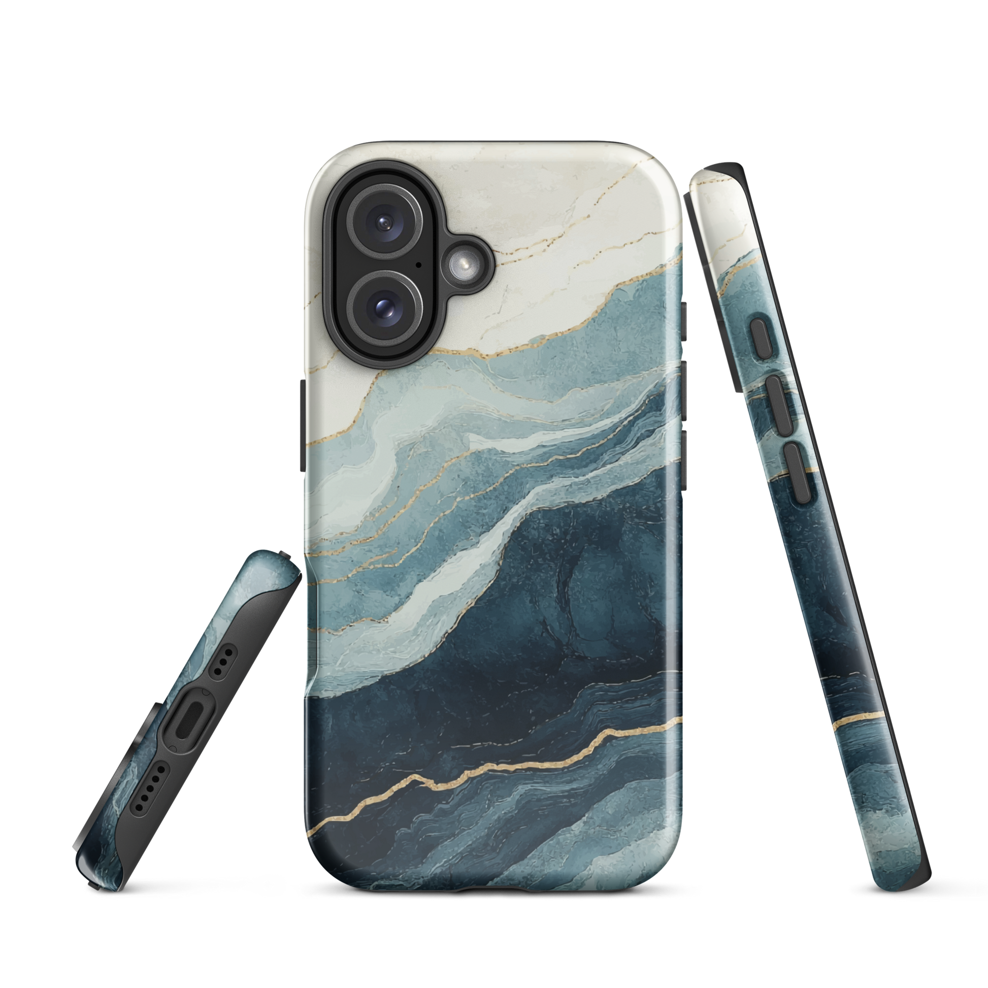 An elegant abstract phone case inspired by layered coastal forms in blue and teal tones.