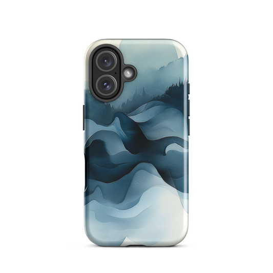 A calming abstract landscape protective phone case inspired by quiet valleys and soft blue tones.