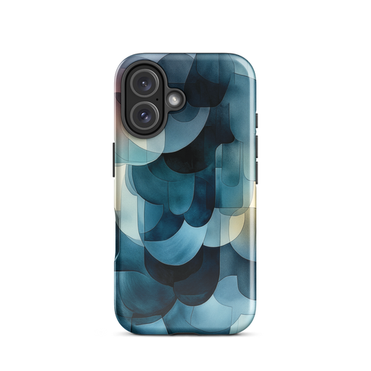 A modern abstract phone case featuring layered blue forms and soft flowing shapes.