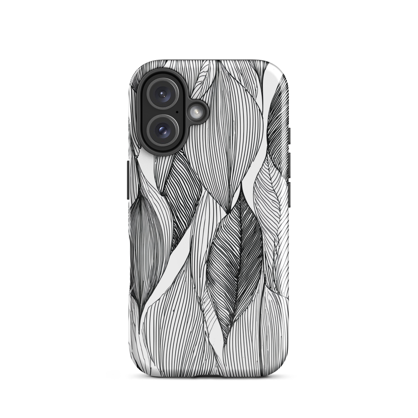 A minimalist phone case featuring fine black botanical linework in a repeating leaf pattern.