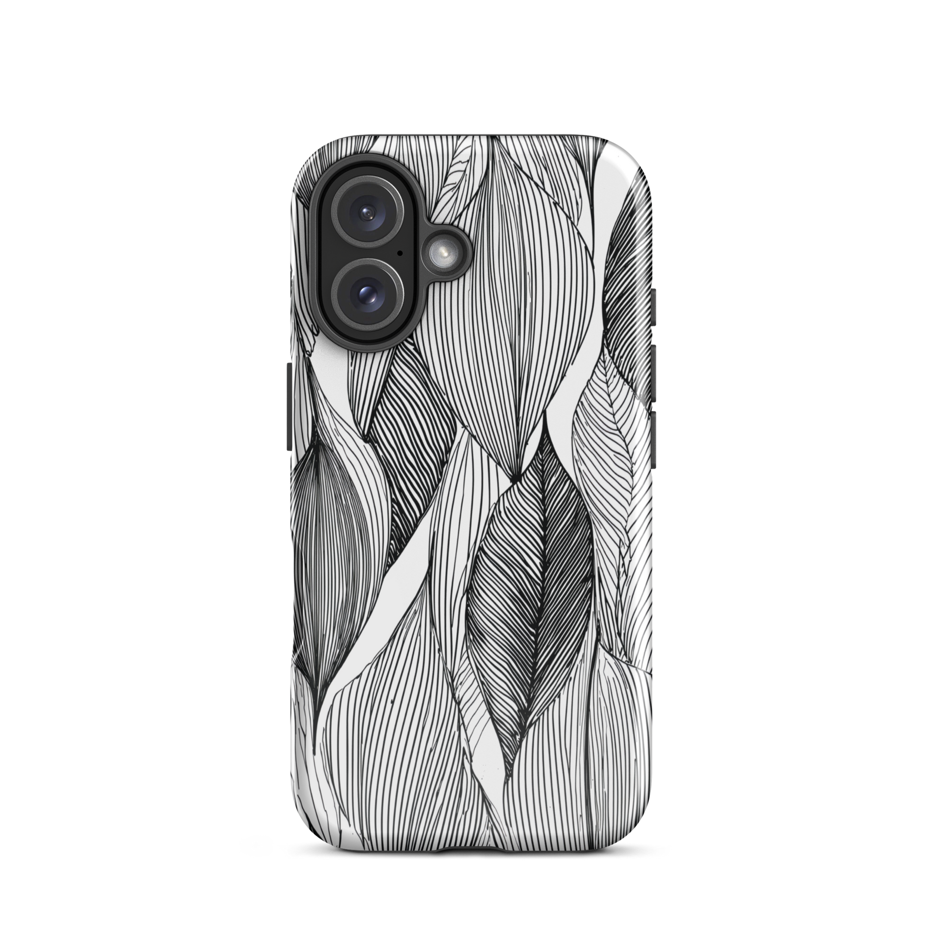 A minimalist phone case featuring fine black botanical linework in a repeating leaf pattern.
