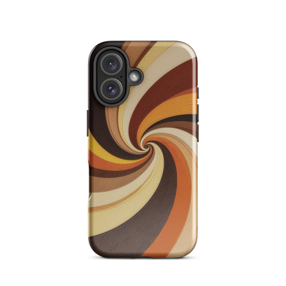 A retro-inspired phone case featuring warm swirling patterns in orange, yellow, and brown tones.