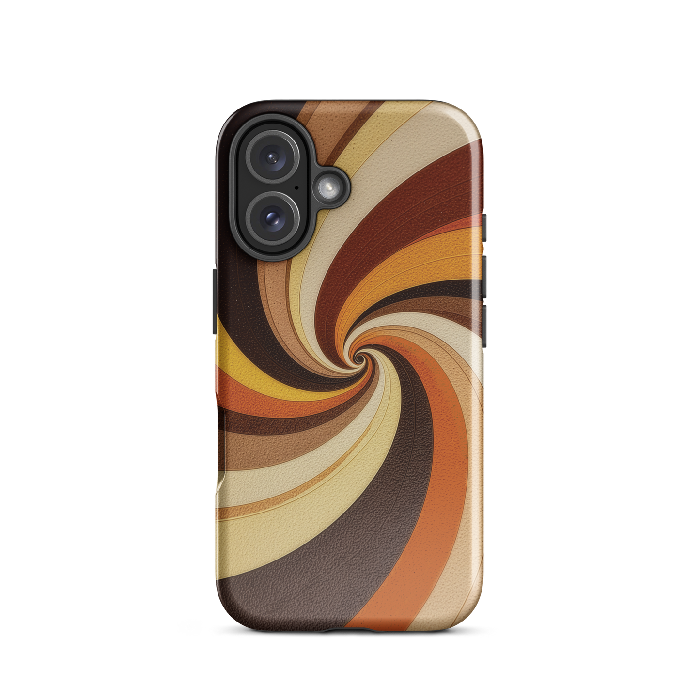 A retro-inspired phone case featuring warm swirling patterns in orange, yellow, and brown tones.