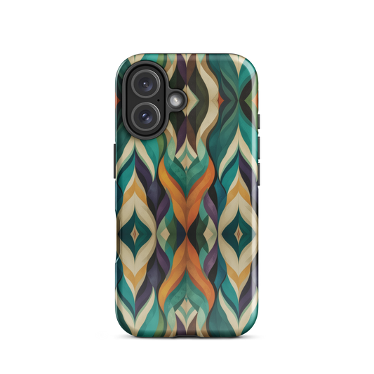 A bold geometric phone case featuring layered shapes in rich, earthy tones.