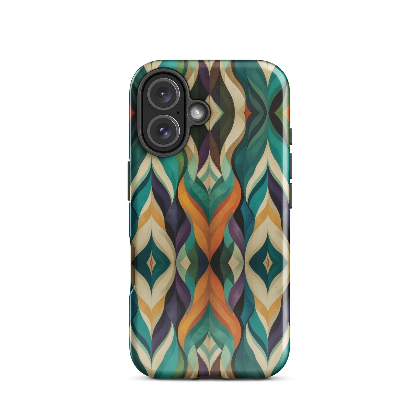 A bold geometric phone case featuring layered shapes in rich, earthy tones.
