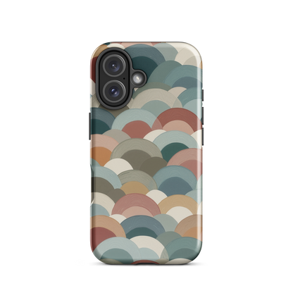 A soft retro-inspired phone case featuring layered arc shapes in warm, earthy tones.