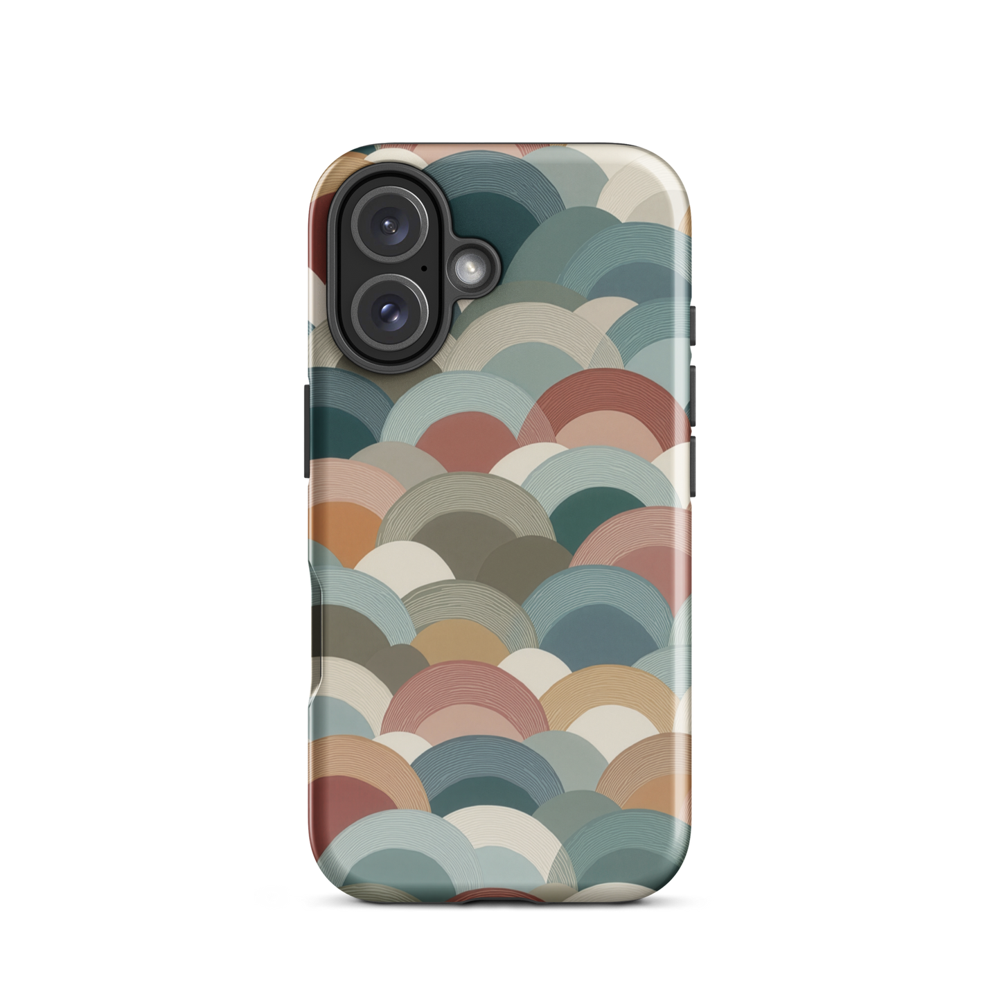 A soft retro-inspired phone case featuring layered arc shapes in warm, earthy tones.