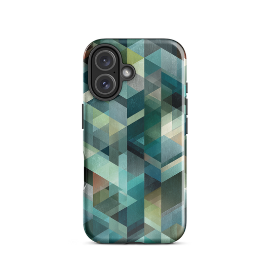 Modern abstract geometric phone case in teal and blue tones with layered retro-inspired shapes.
