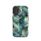 Modern abstract geometric phone case in teal and blue tones with layered retro-inspired shapes.
