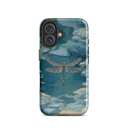 Nature-inspired phone case featuring a dragonfly over calm water with blue and green forest tones.