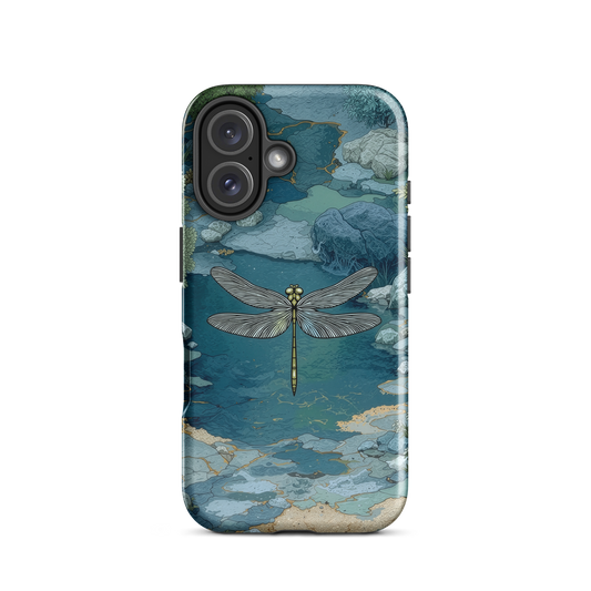 Nature-inspired phone case featuring a dragonfly over calm water with blue and green forest tones.
