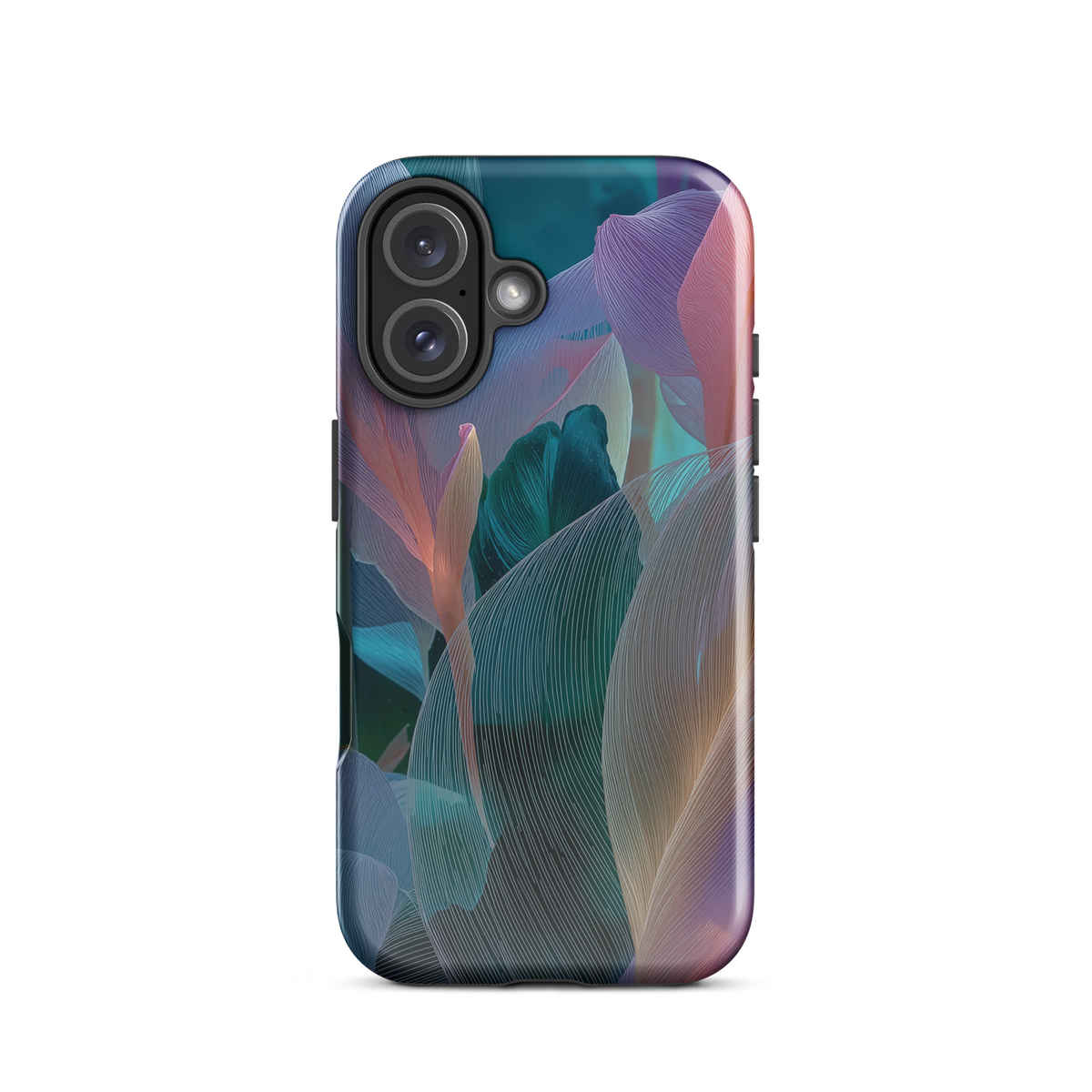 Abstract pastel botanical designer phone case in pink, lilac and teal tones with soft flowing floral textures