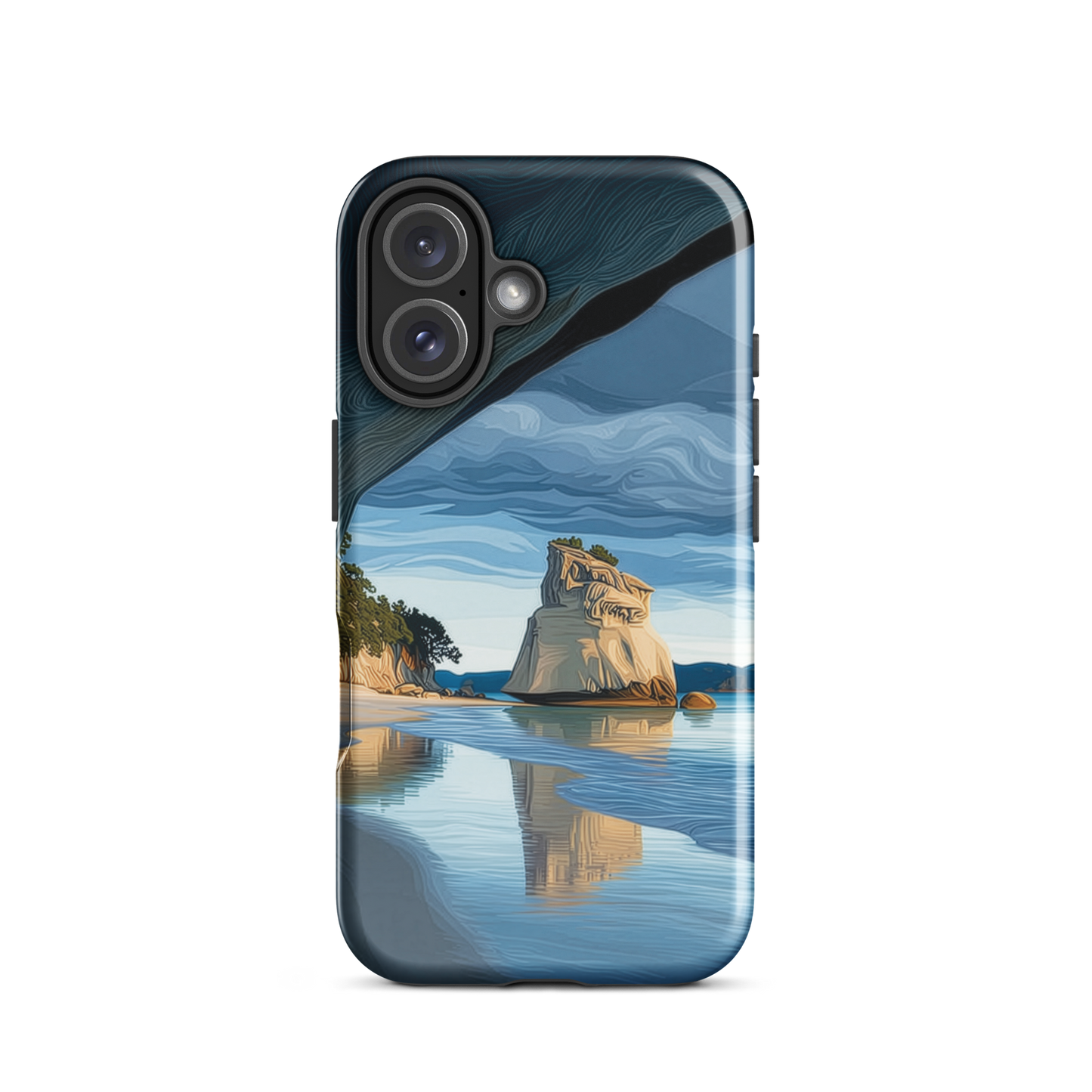 Artistic Cathedral Cove coastal designer phone case with arch rock, blue ocean and golden cliffs