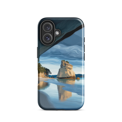Artistic Cathedral Cove coastal designer phone case with arch rock, blue ocean and golden cliffs