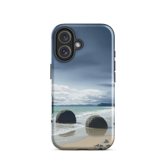 Moeraki Boulders coastal designer phone case with ocean waves and dramatic NZ sky