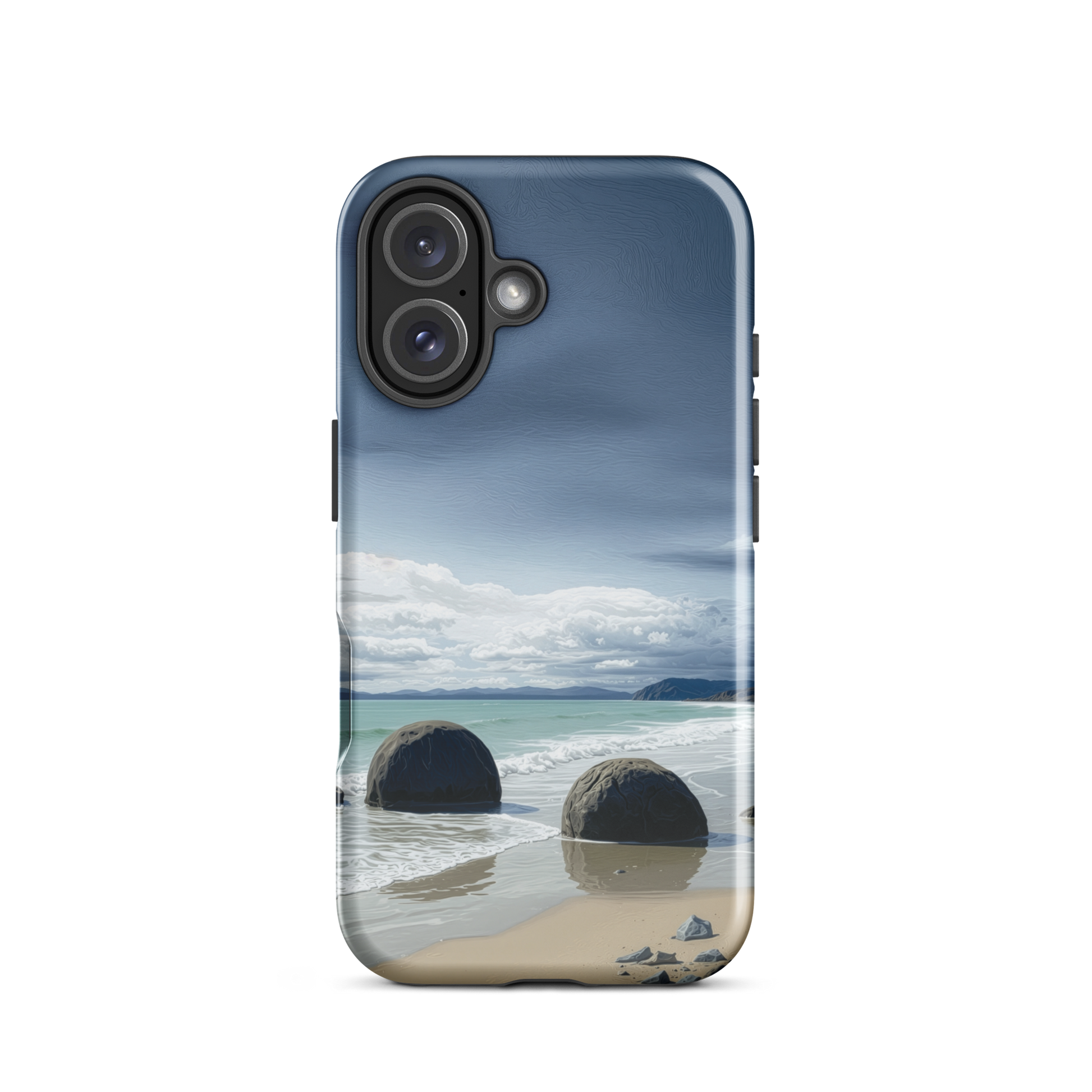 Moeraki Boulders coastal designer phone case with ocean waves and dramatic NZ sky