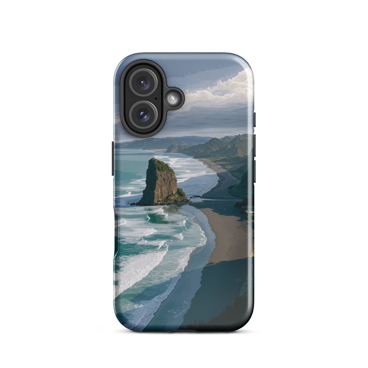 Piha Beach Lion Rock designer phone case with turquoise waves and dramatic NZ coastline