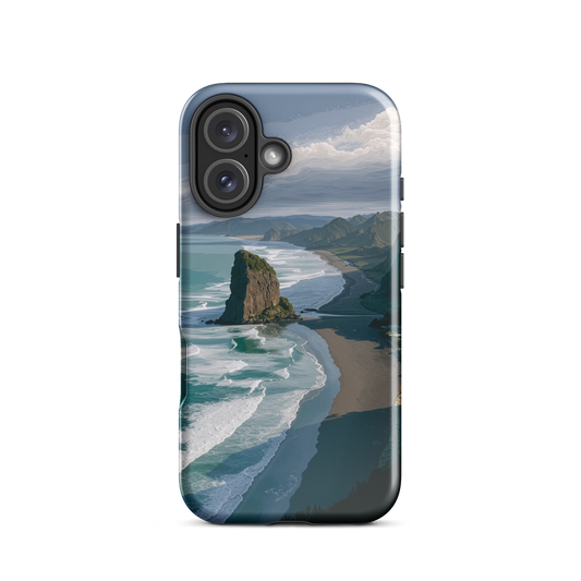 Piha Beach Lion Rock designer phone case with turquoise waves and dramatic NZ coastline
