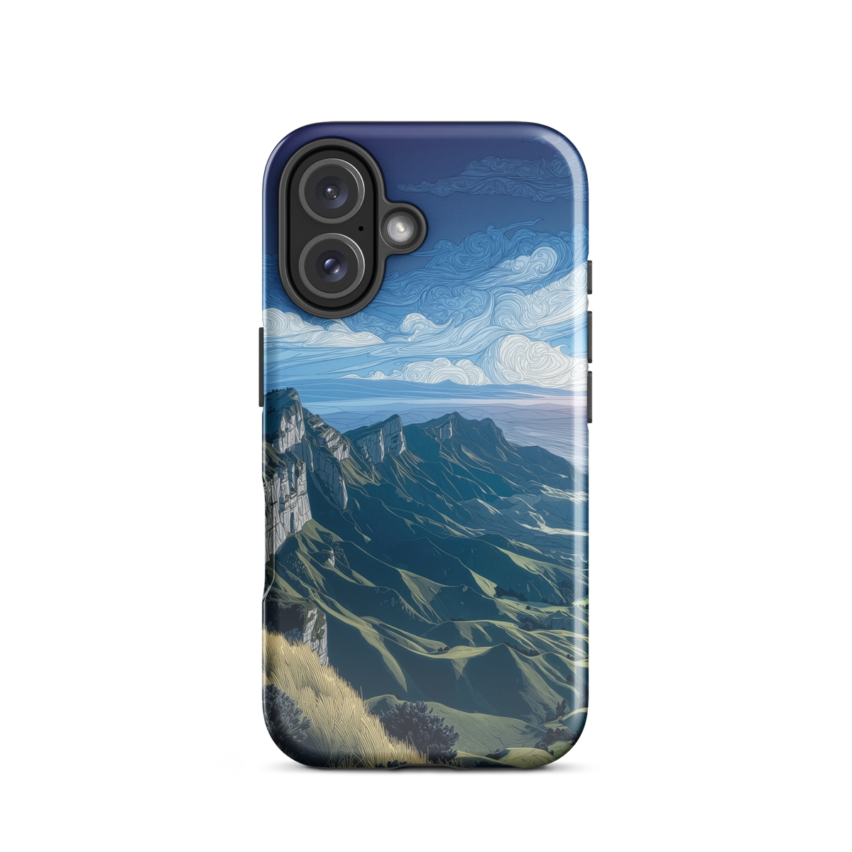 Te Mata Peak designer phone case with Hawke’s Bay cliffs, rolling green hills and dramatic swirling sky