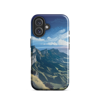 Te Mata Peak designer phone case with Hawke’s Bay cliffs, rolling green hills and dramatic swirling sky