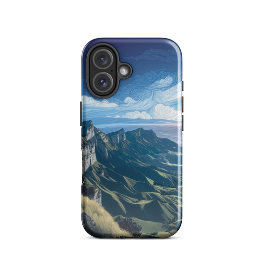 Te Mata Peak designer phone case with Hawke’s Bay cliffs, rolling green hills and dramatic swirling sky