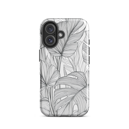 Minimal black and white tropical leaf designer phone case with detailed botanical line art