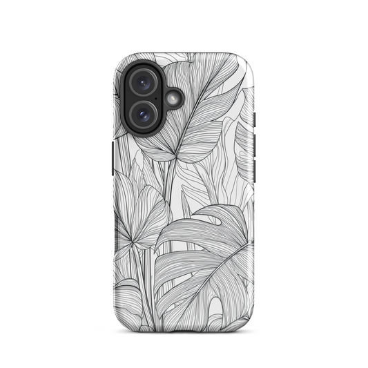 Minimal black and white tropical leaf designer phone case with detailed botanical line art