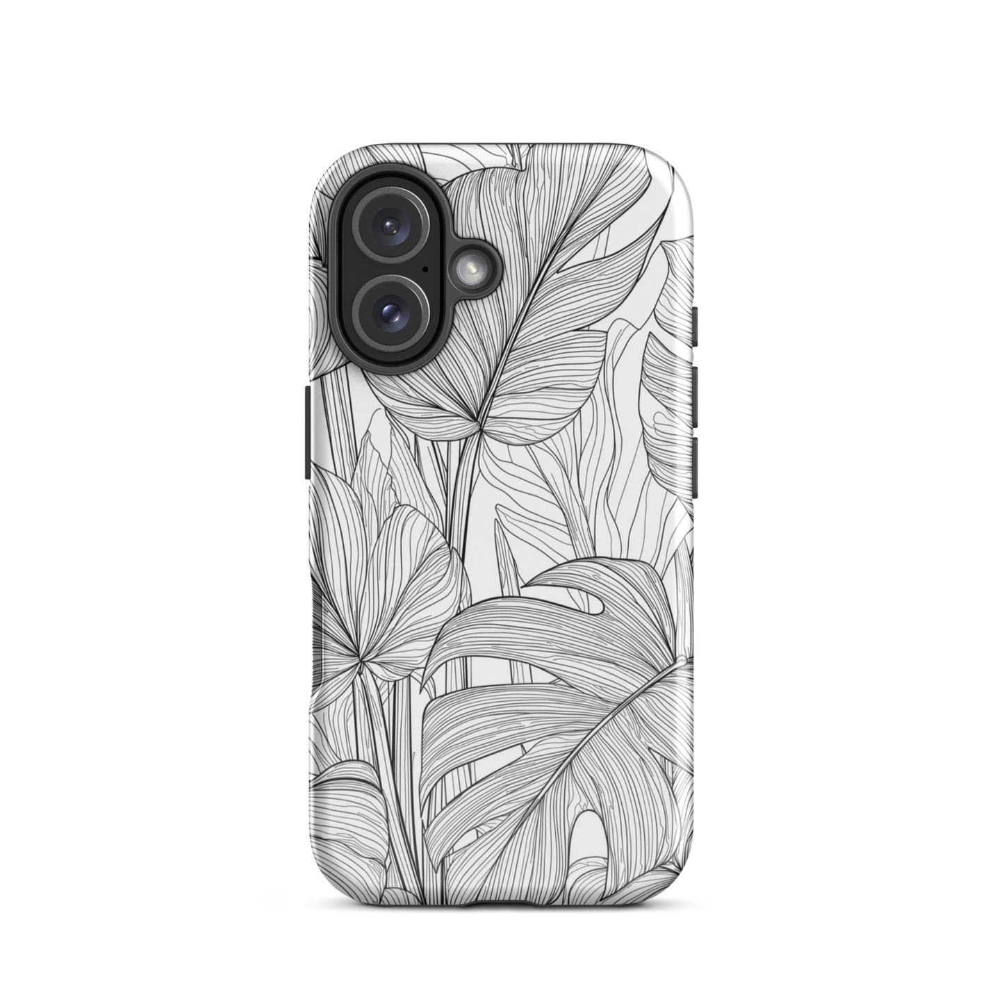 Minimal black and white tropical leaf designer phone case with detailed botanical line art
