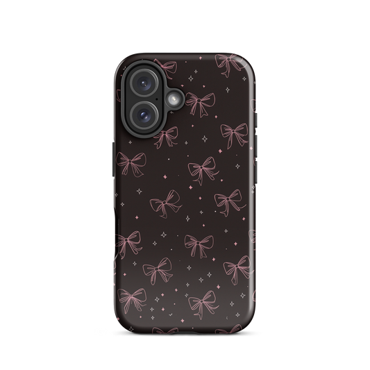 Midnight Bow seamless repeat pattern — pink hand-drawn ribbon bows and sparkle stars on a black background