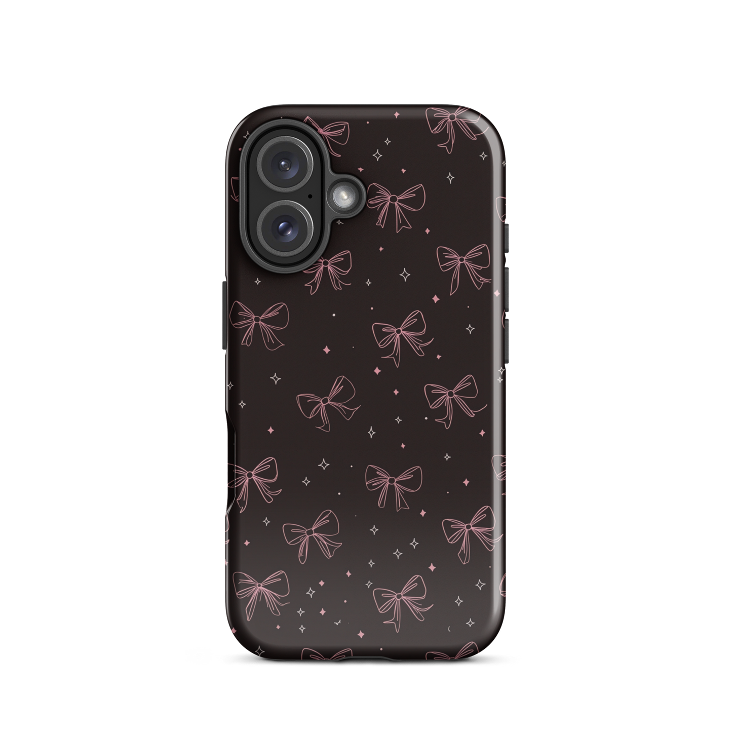 Midnight Bow seamless repeat pattern — pink hand-drawn ribbon bows and sparkle stars on a black background