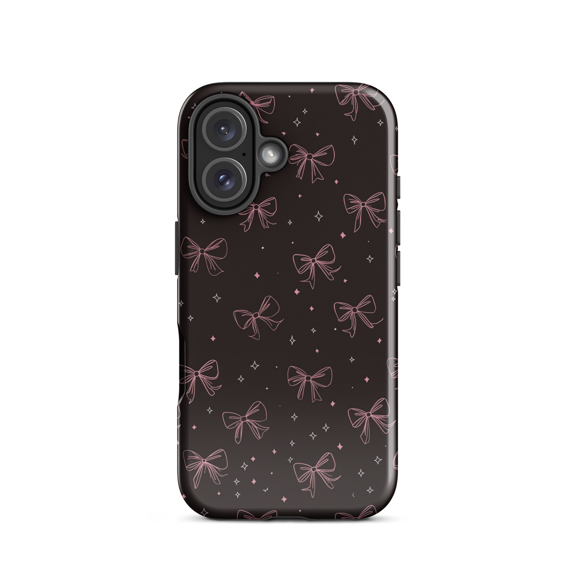 Midnight Bow seamless repeat pattern — pink hand-drawn ribbon bows and sparkle stars on a black background