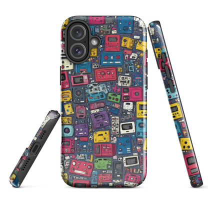 'Arcade' iPhone case, featuring a vibrant collage of hand-drawn controllers in bold, vintage-inspired colours. From electric blue and hot pink to classic black and yellow