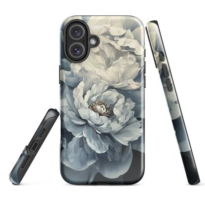 'Whisper' iPhone case features a stunning close-up of softly painted peony blooms in dreamy shades of ivory, grey, and smoky blue.