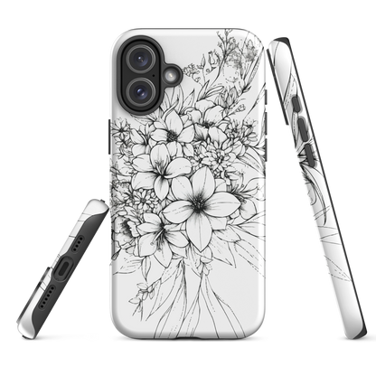 Black and white floral phone case with hand-drawn lilies and wildflowers