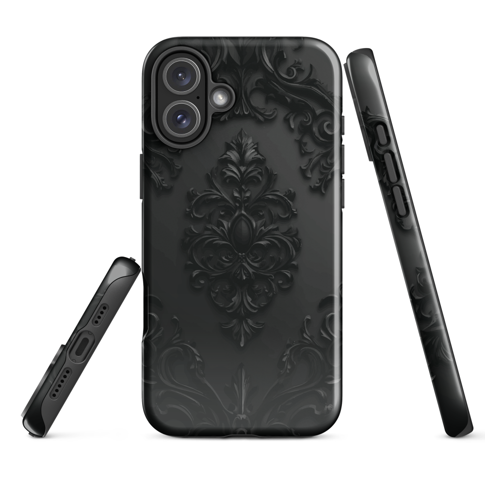 Black embossed damask phone case with gothic baroque pattern.